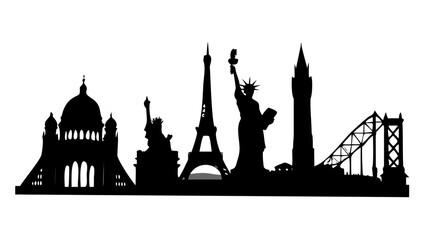 Obraz premium Silhouette skyline of world landmarks eiffel tower statue of liberty big ben sacre coeur bridge architecture