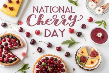 National Cherry Day, Flat lay assortment of cherry desserts cakes and fruit tarts.