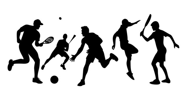 Silhouette of diverse sports activities featuring tennis, rugby, and badminton in a dynamic composition