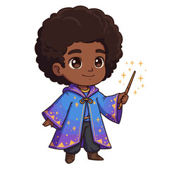 Cute black-skinned wizard, 3D Cartoon style illustration, White background