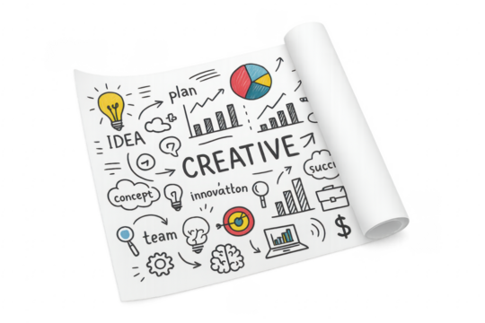 Rolled paper showing creative process involving innovation, teamwork and planning with transparent background