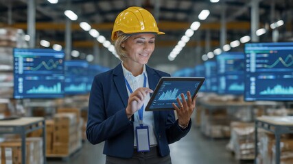 Professional Woman in Yellow Hardhat Using Tablet in Modern Warehouse with Data Charts - Powered by Adobe