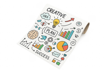 Creative plan unfolding on transparent background with colorful infographic hand drawn icons