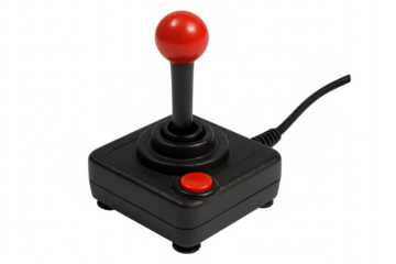Retro joystick controller with red buttons on transparent background