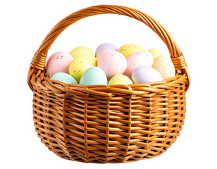 Pastel Colored Easter Eggs in Basket Front View Isolated on Transparent Background