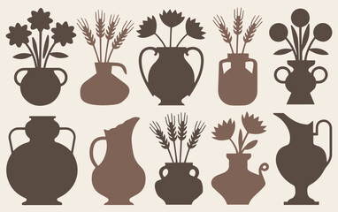 Silhouettes of assorted vases and pitchers with various flowers and plants, in shades of brown against a beige background, conveying a vintage aesthetic.