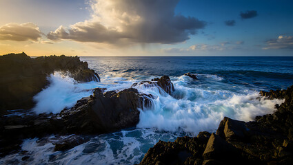 Obraz premium Powerful ocean waves crash against dark, jagged rocks under a dramatic sky with golden sunlight breaking through the clouds