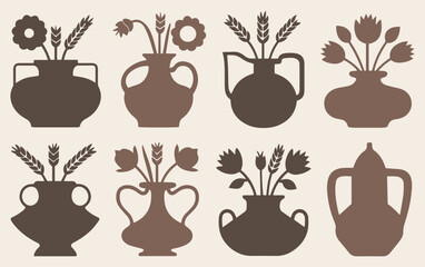 Silhouettes of eight decorative vases with various flowers and wheat stalks. Each vase has a unique handle design, set against a beige background.