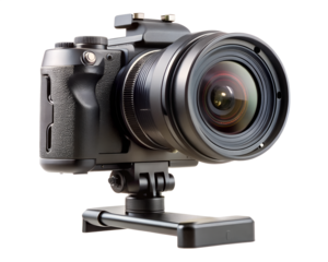 Professional dslr camera with lens and tripod mount isolated on transparent background