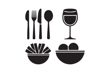 Silhouette of dining utensils and food items