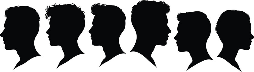 Silhouettes of male and female heads in side profile, different hairstyles collection, black vector illustration, isolated on white background design