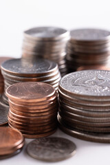 Pile of Golden coin, silver coin, copper coin, quarters, nickels, dimes, pennies, fifty cent piece and dollar coins. Various USA coins, American coins for business, money, financial coins and economy