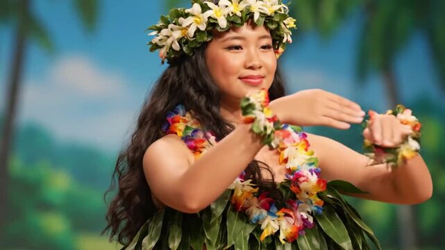 Mujer hawaiana  realiza un suave y elegante movimiento de hula
