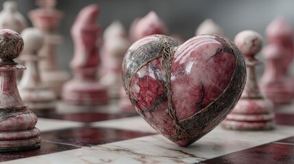 Conceptual chess game featuring anatomical heart pieces surrounded by glass chess pieces