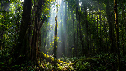 Obraz premium Sunlight streams through the dense canopy of a lush rainforest, illuminating the vibrant green foliage and ancient trees