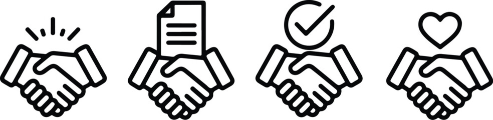 handshake icon set with document, checkmark, and heart symbols in linear style
