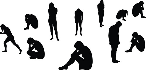 Silhouettes of sad people in various depression poses, black vector illustration of loneliness, anxiety, stress, and emotional distress isolated on white