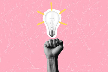 Art collage on the theme of inspiration and creative idea. Successful innovation ideas and inspiration ideas. Burning light bulb on a pink background	
