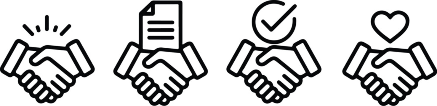 handshake icon set with document, checkmark, and heart symbols in linear style