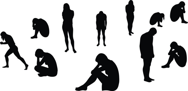 Silhouettes of sad people in various depression poses, black vector illustration of loneliness, anxiety, stress, and emotional distress isolated on white