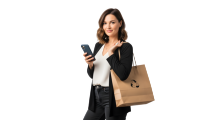 Smiling Woman Holding Shopping Bag and Smartphone on White Background