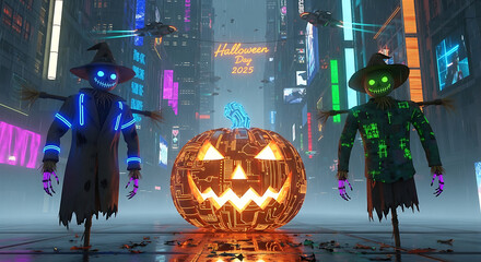 Cyberpunk halloween scene with glowing pumpkin and scarecrows in futuristic cityscape