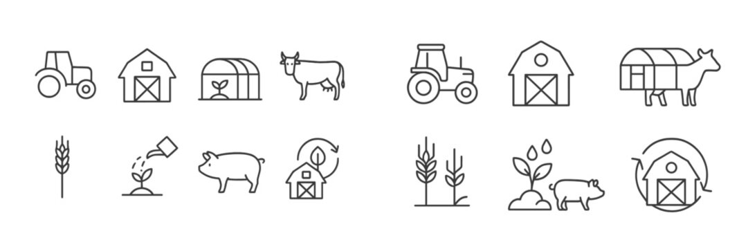 Farm icons representing agriculture, livestock, and sustainable practices in simple line art style