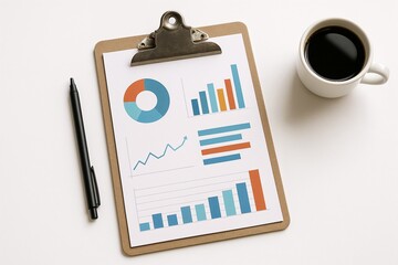 A pen rests near a clipboard with a checklist and a cup of coffee