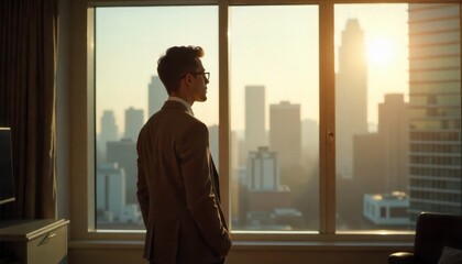 A young professional stands in a modern sunlit apartment gazing thoughtfully out the window at a city skyline with subtle visual elements symbolizing decisionmaking and financial