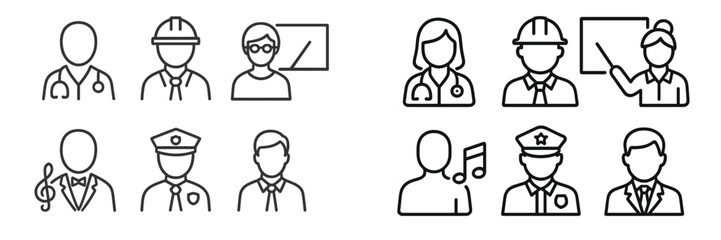 Various professions represented by simple line icons showing diverse roles in society and their unique attributes