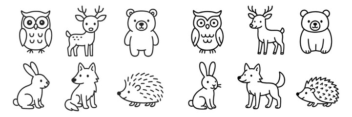 Cute animals illustrated in simple line art showcasing various forest creatures and their playful expressions