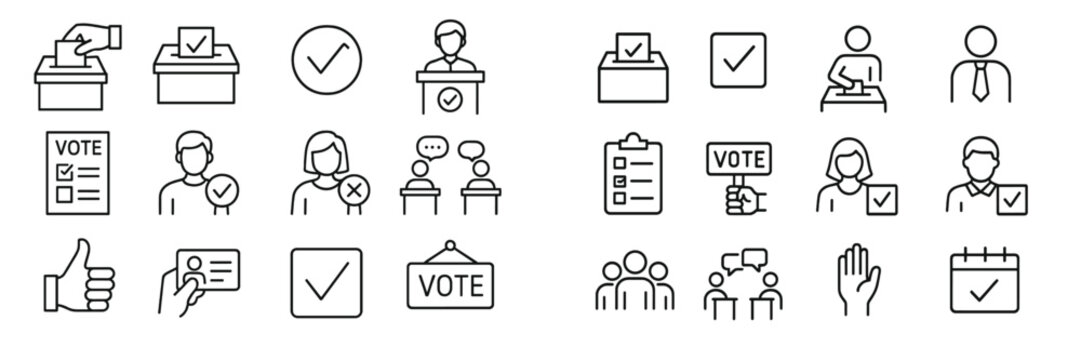 Various voting icons representing civic engagement, elections, and democratic participation in a structured design layout