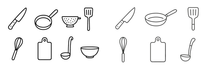 Various kitchen utensils and tools laid out against a plain background for culinary preparation