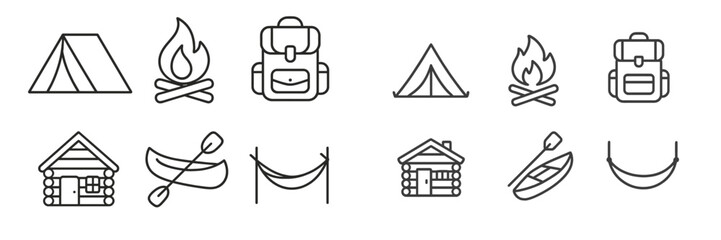 Camping icons representing outdoor activities, gear, and accommodations for nature enthusiasts in various styles
