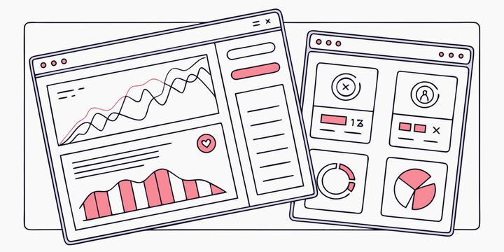 Two tilted windows displaying data charts and ui elements in a simple line art style design