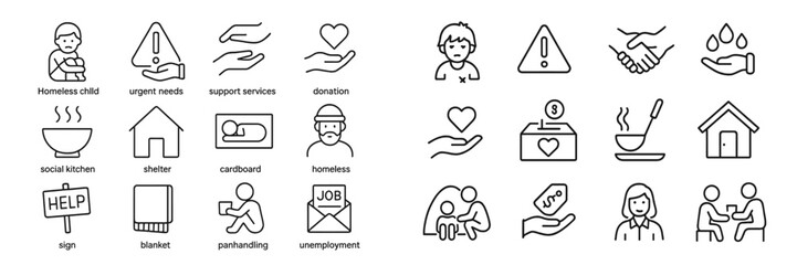 Icons representing support services for the homeless, highlighting urgent needs and donation opportunities in communities