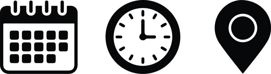 Bold black icons of calendar, clock, and location pin representing date, time, and place information