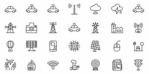 A collection of various transportation communication energy and technology related outline icons in black