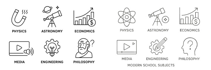 Educational icons representing various school subjects including physics, astronomy, economics, media, engineering, and philosophy