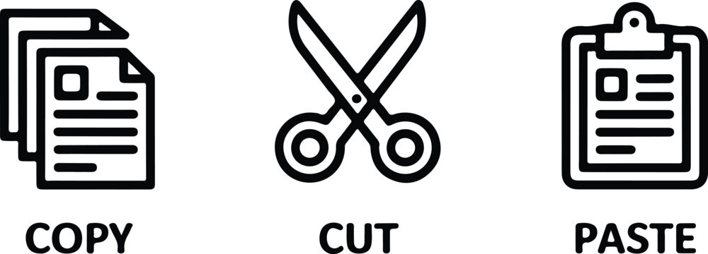 copy cut paste icon set with document and clipboard symbols in line style