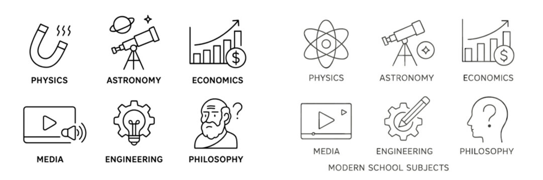 Educational icons representing various school subjects including physics, astronomy, economics, media, engineering, and philosophy