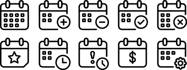 Outline calendar icons featuring grid, plus, check, cross, star, clock, dollar and gear symbols