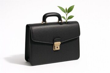 Stylish leather business briefcase with a sturdy handle and metal lock, with a plant growth inside