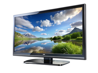 Modern flat screen television displaying a beautiful natural landscape with mountains and a lake, isolated on transparent background