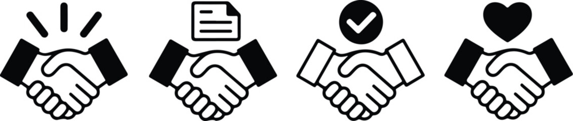 bold handshake icons set with agreement, approval, and trust symbols in black