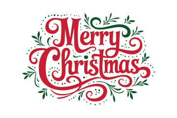 Elegant red merry christmas typography with green flourishes