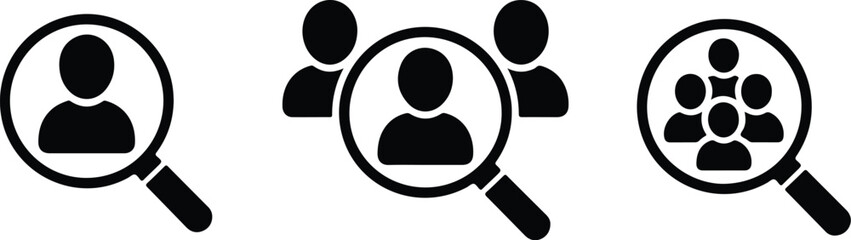 magnifying glass selecting individuals and groups icons set for recruitment search hr team candidate selection concept