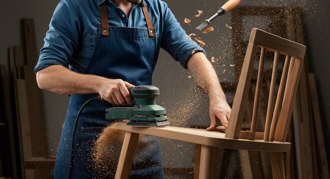 Skilled craftsman sanding a wooden chair with a power sander in a workshop, creating a cloud of sawdust and shavings.
