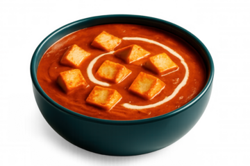 Delicious paneer butter masala, an indian curry dish, served in a teal bowl, isolated on a transparent background, ready for integration into food-related designs