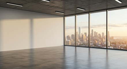 Modern empty office space with a panoramic view of a city skyline at sunset, featuring concrete elements and large windows